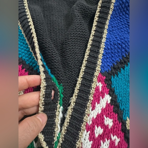 Chaus Black and Purple Cardigan Sweater with Geometric Design - Picture 7 of 7